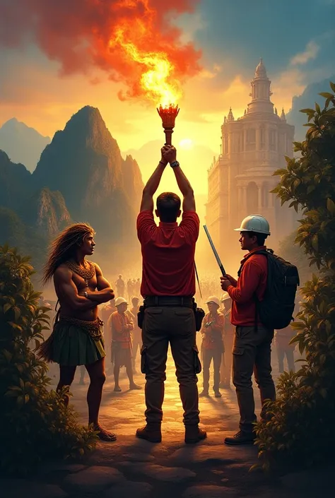 " 200 Years of History and Culture "
 One image that represents the evolution of Peru from its independence to the present,  using iconic elements of the country . in the center,  a figure holding a burning torch  ( symbolizing the patriotic spirit ),  wit...