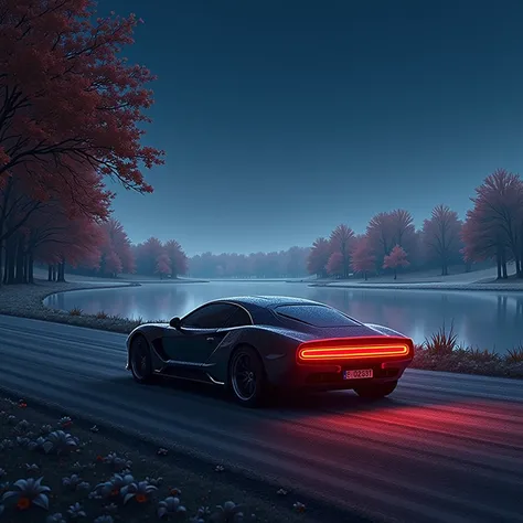 Side view of the car, a car driving on the autumn lake, the road is frosted, the distant leaves are also frosted, red leaves, rich details, realistic movie style, the sky is very blue