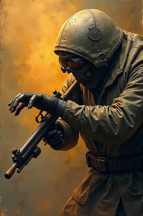 Make a picture of mixing of scorpion and person . His hand have a gun