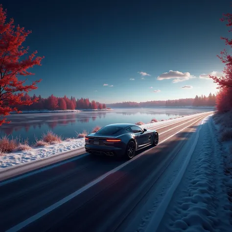 Side view of the car, a car driving on the autumn lake, the road is frosted, the distant leaves are also frosted, red leaves, rich details, realistic movie style, the sky is very blue