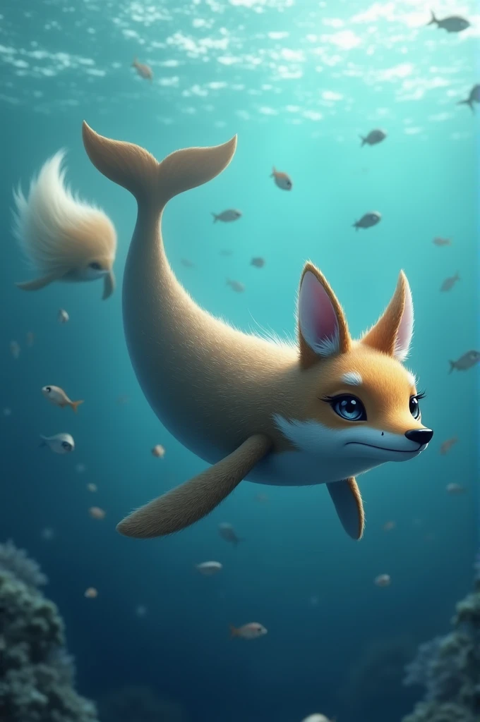 Fox + Whale: Create a clever creature with the sleek body of a whale but the cunning face and bushy tail of a fox, swimming through the ocean with a playful spirit.