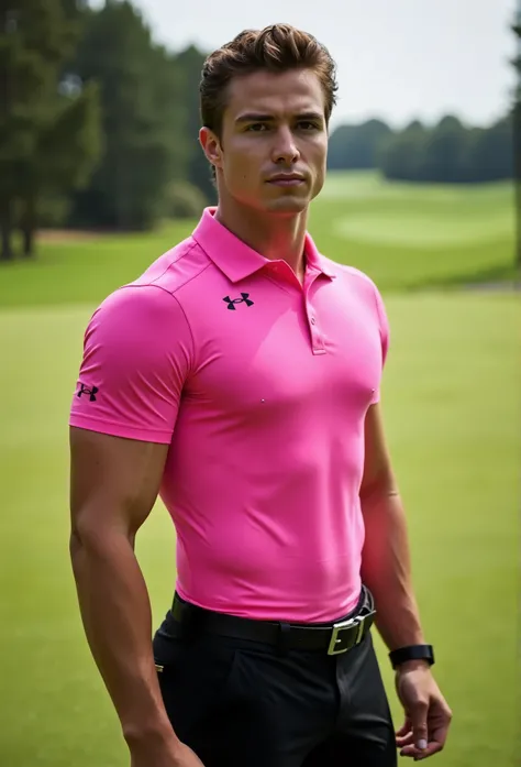 Nicholas Alexander Chavez, ((wearing a tight (pink) under armour golf polo shirt:1.2)), (shirt sleeves tight around his biceps:1.3), ((wearing tight black shorts with black belt with a silver buckle:1.2)), black shorts+++, ((bulge in shorts++)), standing o...