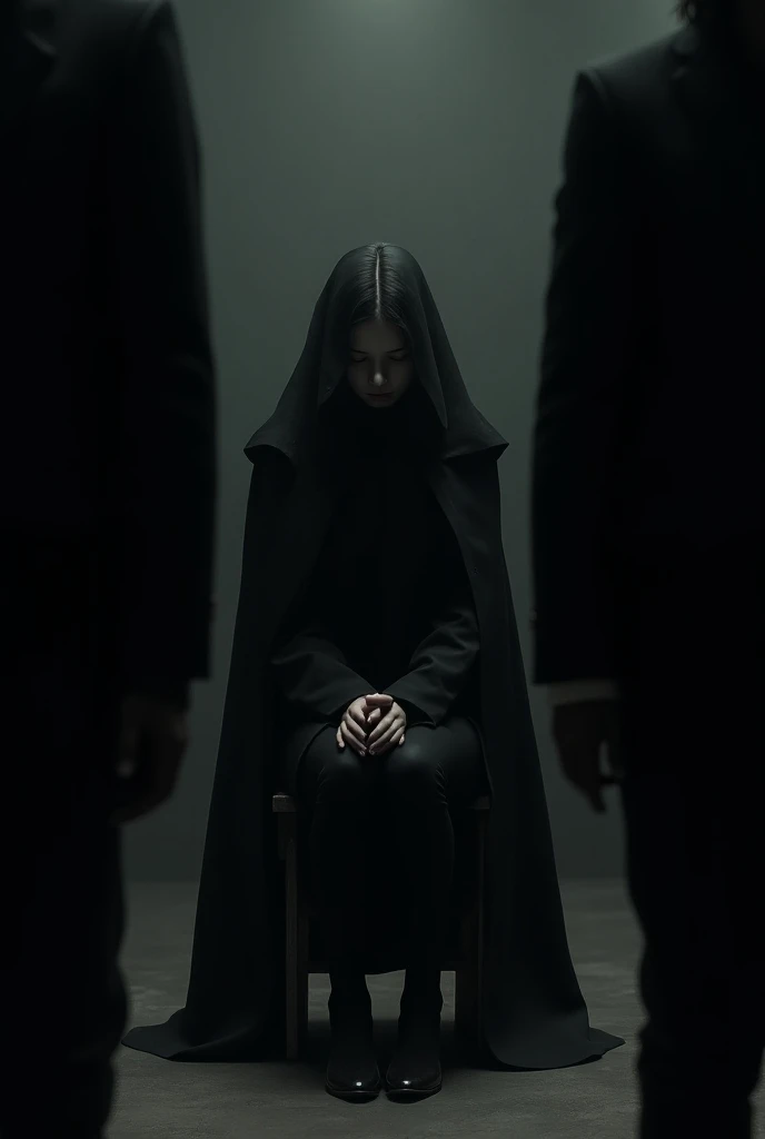 A dark hall. A girl is sitting on a chair in front of her with her head down. On both sides of the girl, people are standing so that her face in a black coat cannot be seen