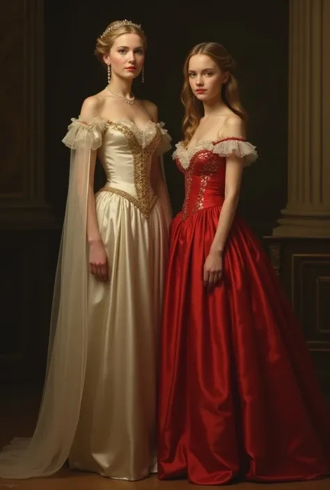 A portrait of a royal mother and daughter standing together: a beautiful 45-year old Queen wearing a pale silk dress and blonde tresses, she is very tall, mature, slender, and elegant in bearing with pale skin and a serious expression and her beautiful (18...