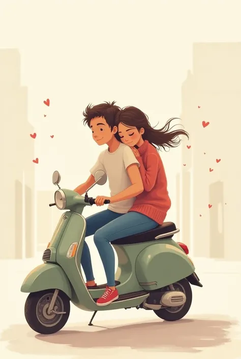 Couple are riding a scooty girl lying on boys shoulder side view. Drawing