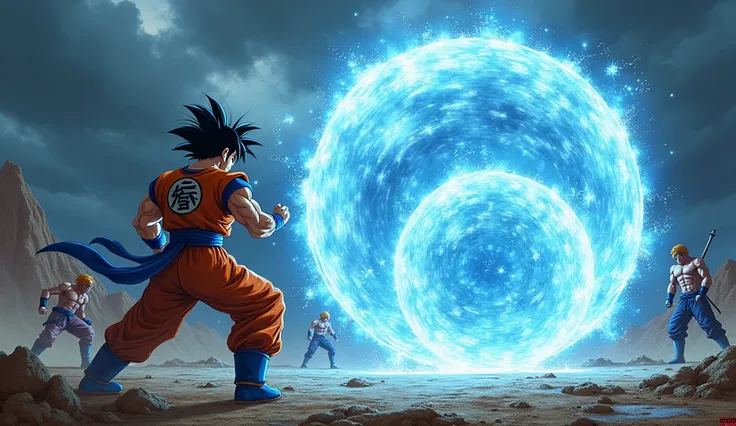 Goku little  make a kame Game ha, a real Big  energy ball, characters is hurt and has some blood and scraches