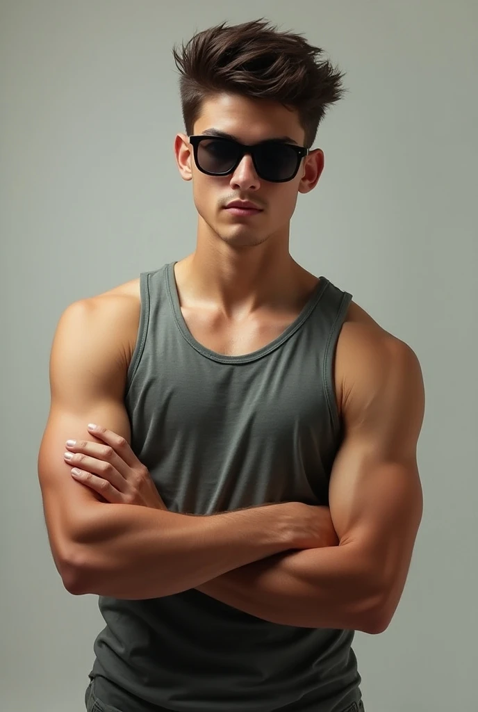 

Imagine a tall, 16-year-old boy with a strong physique, showcasing his masculinity. His skin is fair, and he has well-defined, veiny hands that indicate he’s physically active. He’s dressed casually in a fitted tank top, which accentuates his build, and ...