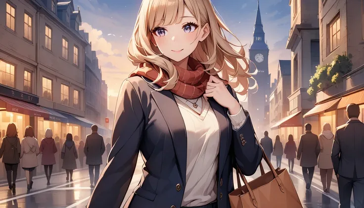  standing 、( leaning against wall)(Looking at mobile phone)、(Stylish clothing)scarf、 mature woman、/(Light brown hair/)bangs、(Best Quality:1.2) delicate illustration super detailed 、Mid-chest、Outdoor (Bustling streets) 1 lady holding bag BREAK 、Big clock to...