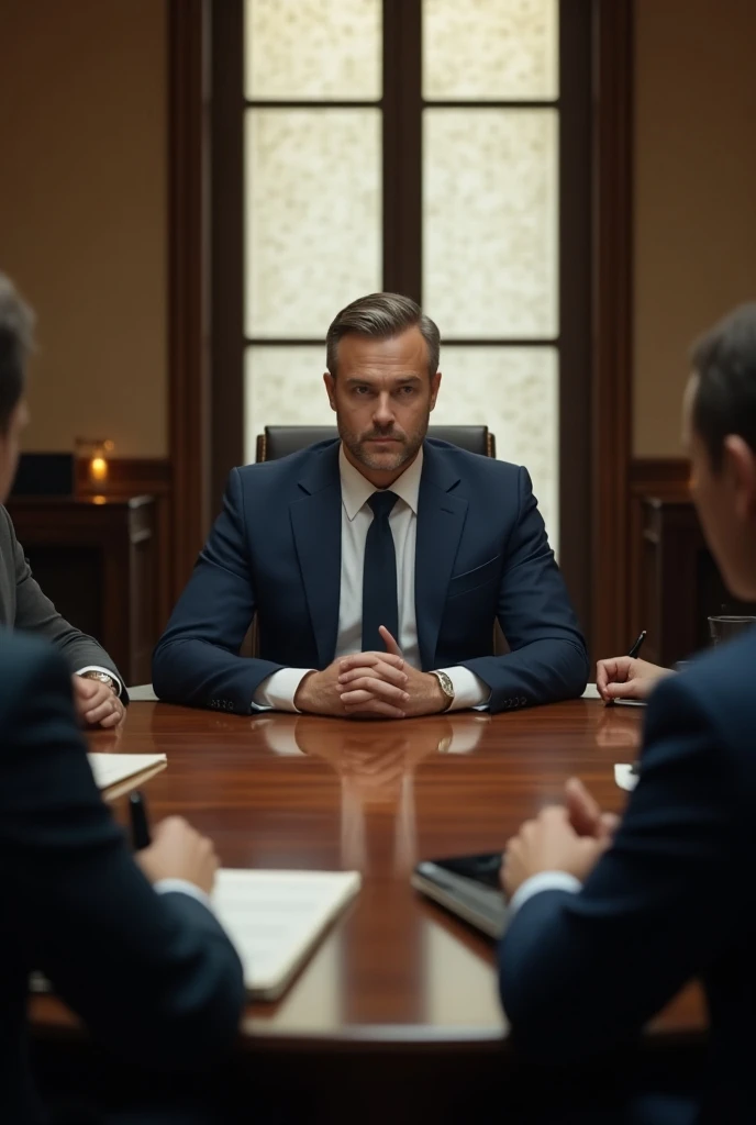 a serious businessman in suit, sitting at a round meeting table, discussing with his board of directors, ultra-detailed, high quality, 8k, photorealistic, dramatic lighting, warm color tones, office interior, large windows, wooden table, professional, corp...