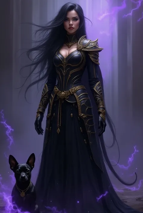  Brunette woman with black hair color ,  dressed in black armor with gold stripes , With a black chihuahua dog,  purple background with black mist and blue fires