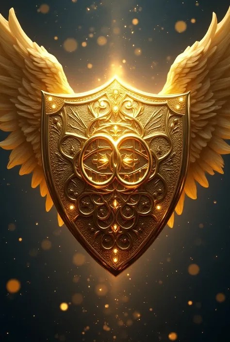 Make me a golden shield with the symbolism of infinity and the eye of Odin with 4 angel wings at the ends and in the middle a symbol that represents the complexity of the whole,And that it is adorned with diamonds 