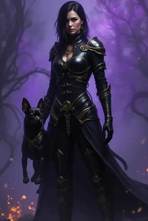  Brunette woman with black hair color ,  dressed in black armor with gold stripes , With a black chihuahua dog,  purple background with black mist and blue fires