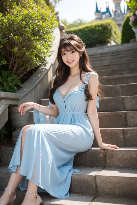  High Resolution ,bangs、Brown Hair、Long Hair、  Brown Eyes 、Large Breasts, Model body type、165 cm、24 years old、Beautiful Face、smile、 natural makeup、Japanese、 Disney Princesses Take Their Seats、Cinderella cosplay dress、Castle stairs 、 glass stuff can be remo...