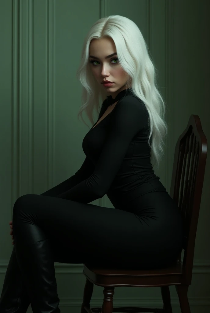 Character Felicia Hardy , White skin girl , antifas gray clear , cabello blanco ahegao , showing the butt , big hips , backwards , very tight dark suit , sitting chair , long legs , black boots , green eyes.