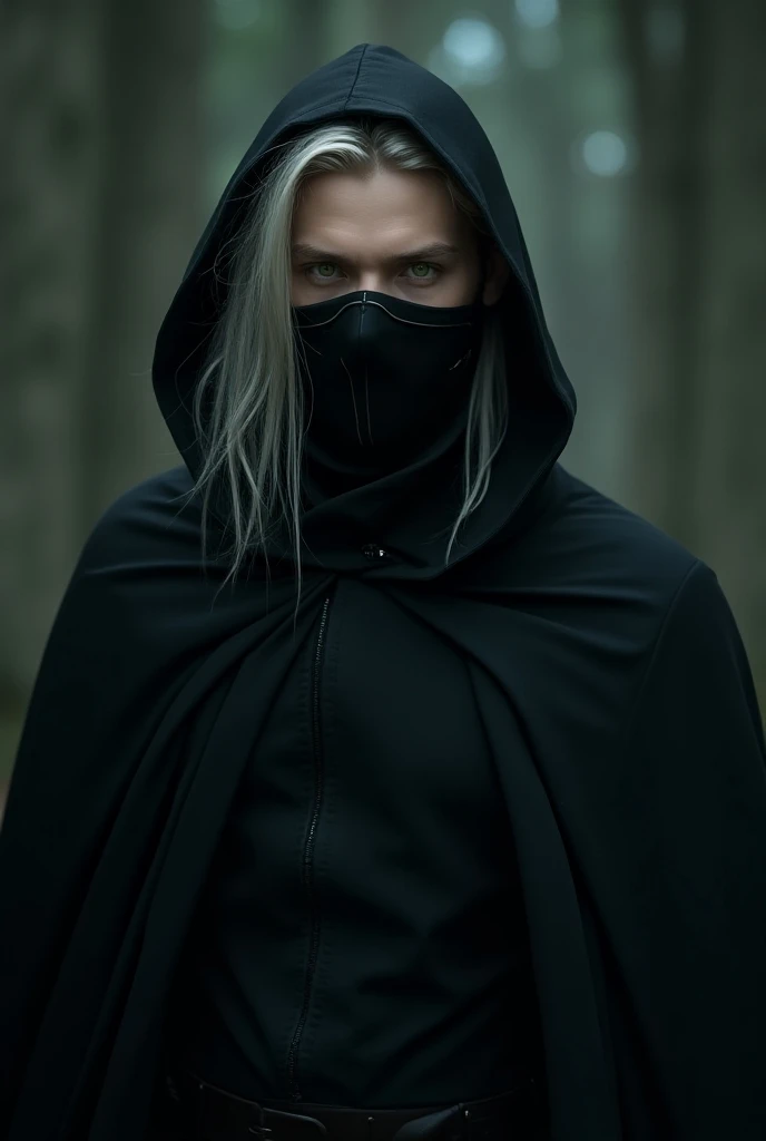 A male elf with long silver hair and emerald green eyes has a black cape with a hood and a mask that goes up to half of his face
