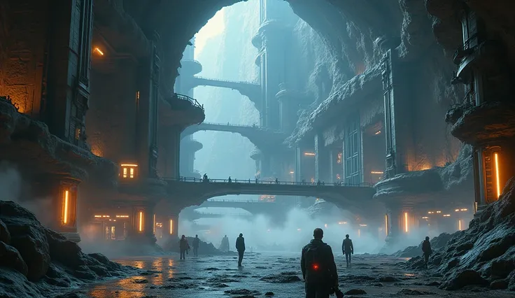 Ultra-detailed, atmospheric scene of a futuristic underground city built deep within the earth. Massive, cavernous spaces are filled with towering structures made of steel and glass, illuminated by soft, glowing lights embedded in the rock ceiling above. T...