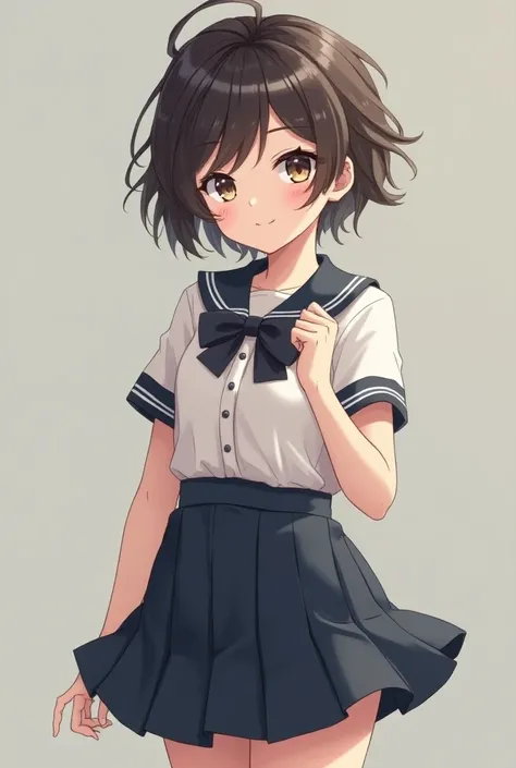  Create a schoolgirl with a tousled hair style and tie a bow. wear school uniform. Ko vin shirt  .  Slightly longer dress with waist . Short boss skirt  