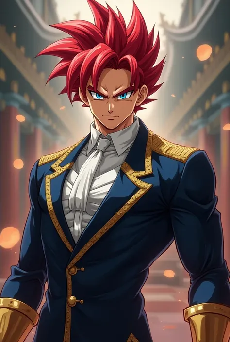 Goku with red hair and blue eyes and in formal dbs anime style costume 