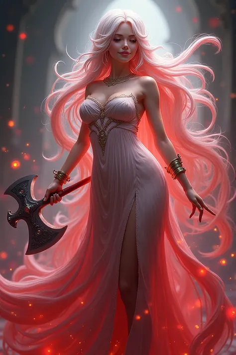 A beautiful woman, anime figure, smiling, holding an cool axe, red aura, keeping one in her hair, 