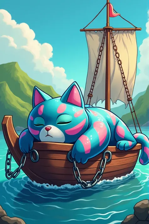 "A giant, colorful cartoon cat with exaggerated features lies motionless, symbolizing its death, draped with large metallic chains. The cat is vibrantly colored with bright blue fur, pink stripes, and green eyes closed peacefully. It is being transported o...