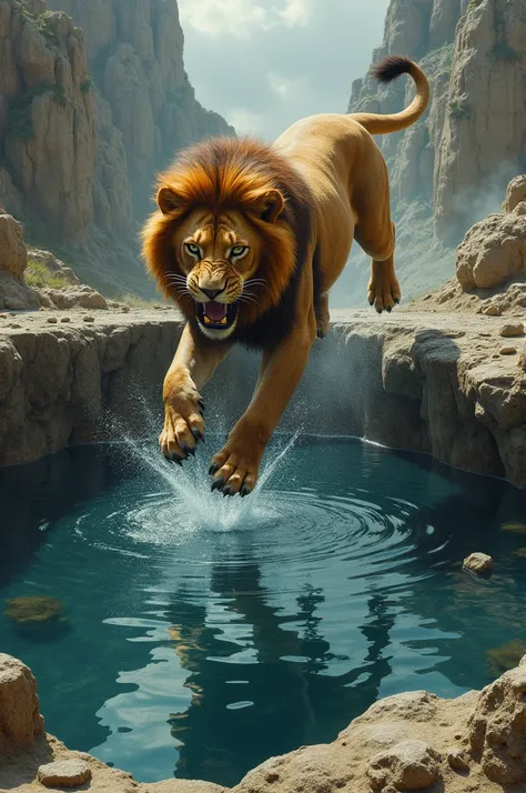 Lion jumping into the well, falling: As the lion leaps into the well, its legs are extended, and it is mid-air, attacking the reflection. The water ripples below, showing the reflection breaking. The scene is dramatic, with the lions body partly over the e...