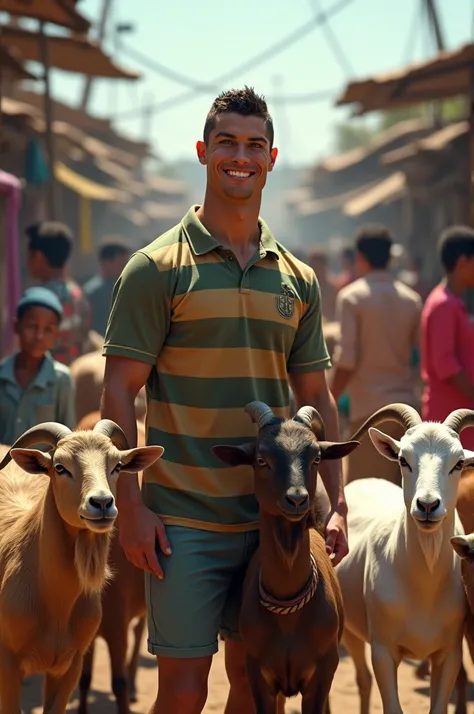 A bustling marketplace filled with livestock. Cristiano Ronaldo, wearing a brown and green striped polo shirt, stands amidst a group of goats, holding one by the neck. The scene is lively, with people in the background going about their activities, some we...