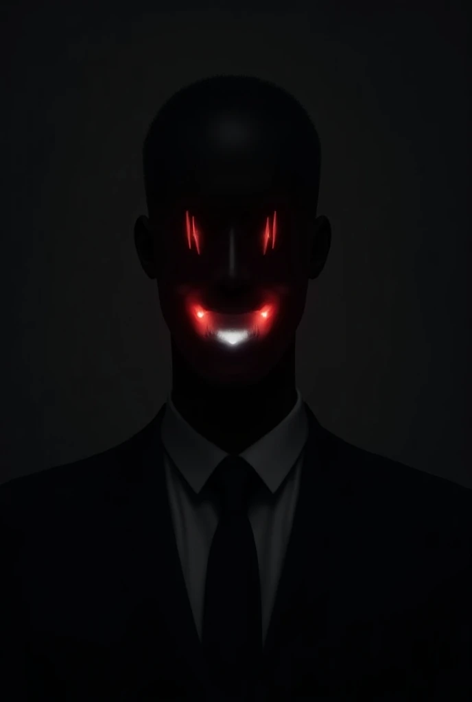 Create a stylized portrait of a man in a dark suit and tie, with his face completely blacked out. His eyes are glowing red and white like switches or LED lights, with two red lights for the eyes and one white light where the mouth is. The background should...