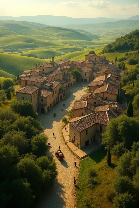 intricate detailed aerial view of ancient Roman village, lush green grassland savanna, rolling hills, scenic landscape, sunlit rural scenery, ornate stone architecture, terracotta rooftops, cobblestone streets, horse-drawn carts, farmers working the fields...