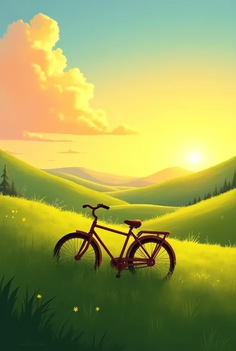 Generate a sunset environment and add basic requirements like grass a bicycle and generate image  like illustration 