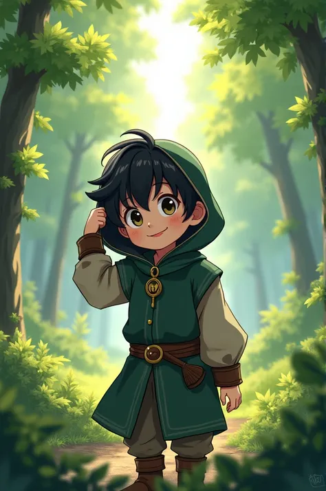 A black haired boy, about  and dressed in a medieval style hood , ” in the middle of a forest with a little fog and that at the end of the forest you can see the light of day. That it is made in the anime style and that it has a big smile and an arm in its...