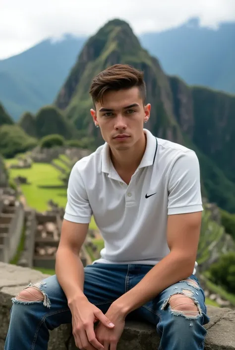 (photorealism:1.2),  create a slim 20-year-old man , dark green eyes, height 1.75, slim body, brown hair and backbrushed , earrings on each side ,  ripped jean pants and white polo (nike) (4k) (detailed to the maximum ), Sitting in front of Machu Pichu 