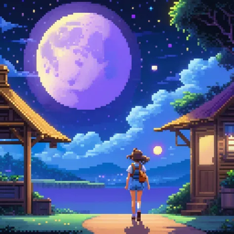 ((masterpiece)), ((best quality)), 8k, high detailed, ultra-detailed, 2D pixel art, SNES-style, girl walking under a large, round moon, retro style, dreamy colors, soft lighting, walking, background of past stage characters fading away, moonlight glow, tra...