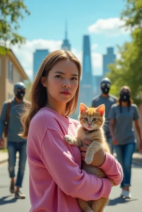 Ek woman jisne pink sweater pehna h or ek cute kitten uski god me h or road por chal rahe h dono oneside piche darte huye dekh ke chak rahi h seen sunny day ka h or road ka h behind ek beautiful city h or building h realistic image seen woman road walking ...