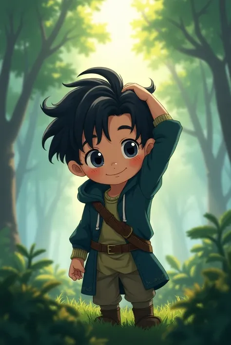 A boy with black hair and a side-to-side hairstyle, about  and dressed in a medieval style hood , ” in the middle of a forest with a little fog and that at the end of the forest you can see the light of day. That it is made in the anime style and that it h...