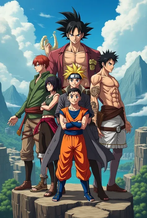 A photo of the characters from Dragon Ball  ,Naruto, Hunter x Hunter Atack Off Titan and One Piace