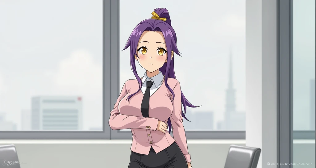 Sexy adult beautiful girl with purple hair tied with a yellow-eyed ponytail with big breasts wearing a pink office uniform with short black skirt sexy background an office.(anime style).