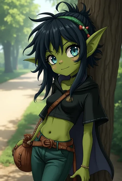 masterpiece,  multiple awards , Anatomically correct,  Best quality, Exactly, High details, anime-Stil, anime,  1 goblin girl , Goblin, youthful,  young adults , green skin,  black top with thin straps ,  black open cape ,  brown leather belt with a rope, ...