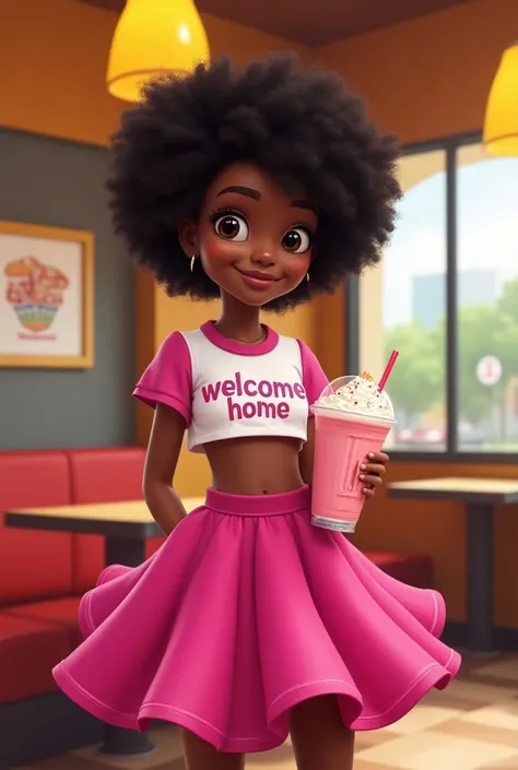 Une belle fille brown-skinned, cheveux afro ondulé  dans un McDonalds portant une jupe rose fuchsia ovale avec volant, un crop top avec manche blanc rose sur laquelle est écrit welcome home hobi , tenant un milkshake au mertille à la main 