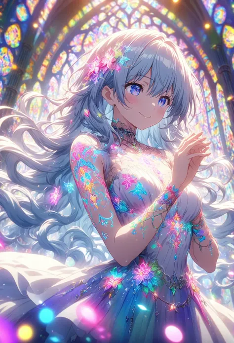 Masterpiece, highest quality, highly detailed CG Unity 8k wallpaper, anime screenshots, female anime character with neon chains. Art of a female anime character with a glowing neon flower tattoo and chains spiraling all over her body. This scene with flowi...