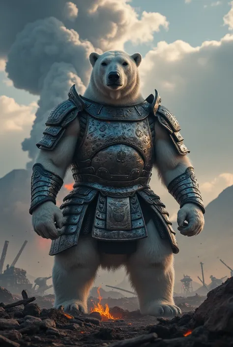 a polar bear,samurai armor,at war field,volcano erruption