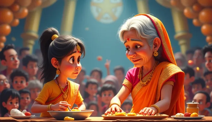 Cartoon old image features an elderly Indian woman in a vibrant orange and red saree with intricate golden embroidery, standing with sad face cartoon image features a young Indian girl in traditional attire, both are wearing apron cooking competition stage...