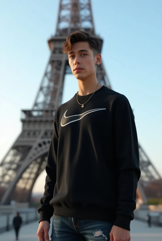 (photorealism:1.2),  create a slim 20-year-old man , dark green eyes, height 1.75, slim body, brown hair and backbrushed , earrings on each side ,  ripped jeans and black sweater (nike) (4k) (detailed to the maximum ), standing in front of the Iffel Tower ...