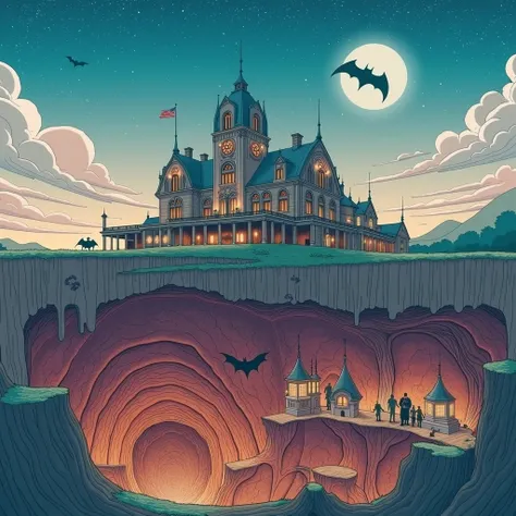 cinematic, film screengrab, perfect, serene, minimal, the batman animated series style, flat 2d panel, cross section, beneath Wayne Manor, massive scale showcases mansion resting on earth above, the cavernous Bat Cave hidden deep below in the depths of the...