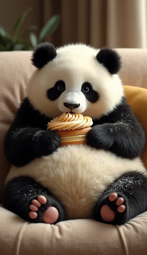 a messay panda eating creme cake sitting on a sofa . belly is little swallowed. sense of overeating but cant help as cake is too delicious. highly detailed, realistic
