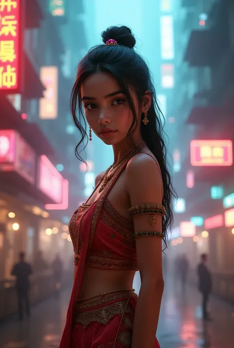 Realtime A cute indian girl . Cyberpunk background 