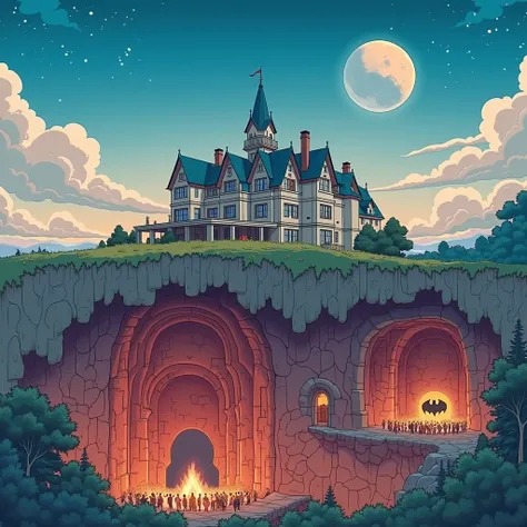 cinematic, film screengrab, perfect, serene, minimal, the batman animated series style, flat 2d panel, cross section, beneath Wayne Manor, massive scale showcases mansion resting on earth above, the cavernous Bat Cave hidden deep below in the depths of the...