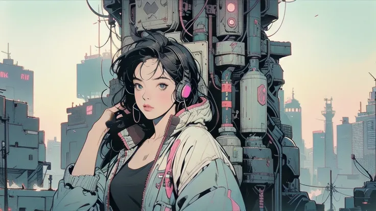 Solo, High Resolution, Headphones, city of cyberpunk background, Breasts, 