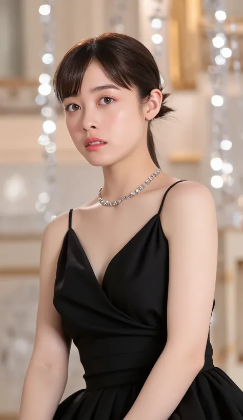 (masterpiece, best quality:1.2), 1girl, solo，perfect looks，perfect balance，black silk dress,simple diamond necklace，(((blurred b...