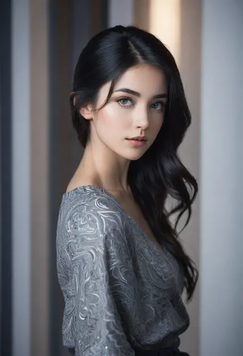 A photorealistic image of a beautiful young woman standing in a dimly lit space, framed to show her face and upper body. Her black hair is loosely styled, and her bluish-gray eyes are focused with calm intensity. She is wearing a modern, elegant outfit, an...