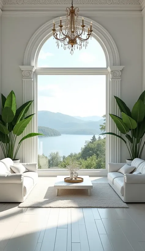 a luxurious white living room with a stunning view of a lake and distant hills through tall arched windows. The room is decorated in rich, white tones, with white walls, white wood floors, and ornate white trim around the windows. Several large potted plan...